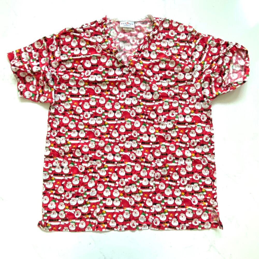 Peaches Uniforms Medium Christmas Santa Red Scrub Top w 3 Pockets